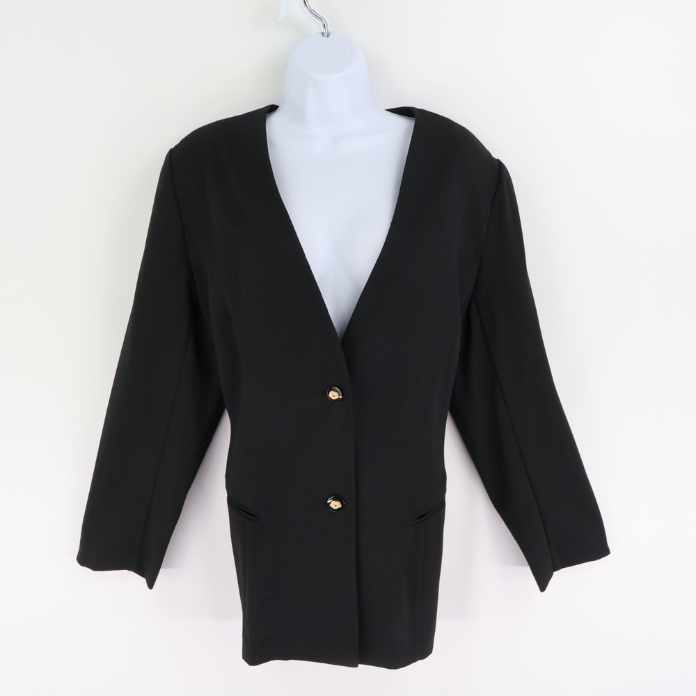 Jaclyn Smith Classics Blazer Jacket Womens Size 16 Black Shoulder Pads 2 Buttons